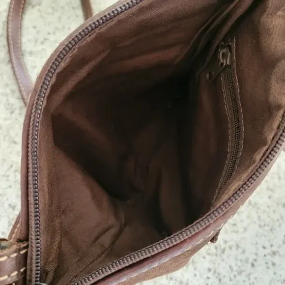 Fossil Brown Leather Suede Crossbody Bag Floral Stud Grommet Applique Full Zip - Picture 9 of 15